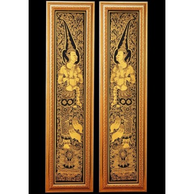 Home Decor Lacquer Black Gilted Thai Art 2 DVARAPALA Handmade God of door Guard    231544923578